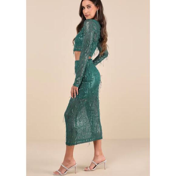 Lulus Dresses & Skirts - Lulus Greatest Sparkle Green Mesh Sequin Fringe Two-Piece Midi Dress
